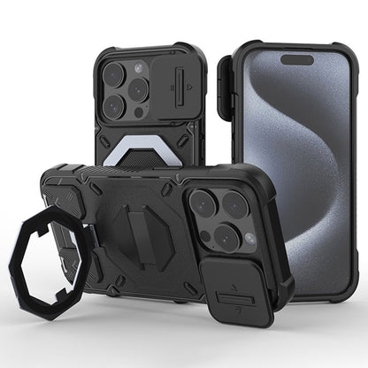 For iPhone 15 Pro Case Compatible with MagSafe Camera Lens Guard PC+TPU Kickstand Phone Cover with Lanyard
