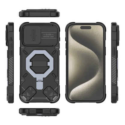 For iPhone 15 Pro Case Compatible with MagSafe Camera Lens Guard PC+TPU Kickstand Phone Cover with Lanyard