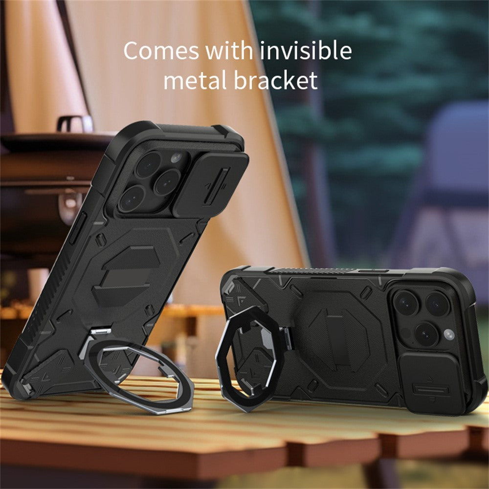 For iPhone 15 Pro Case Compatible with MagSafe Camera Lens Guard PC+TPU Kickstand Phone Cover with Lanyard