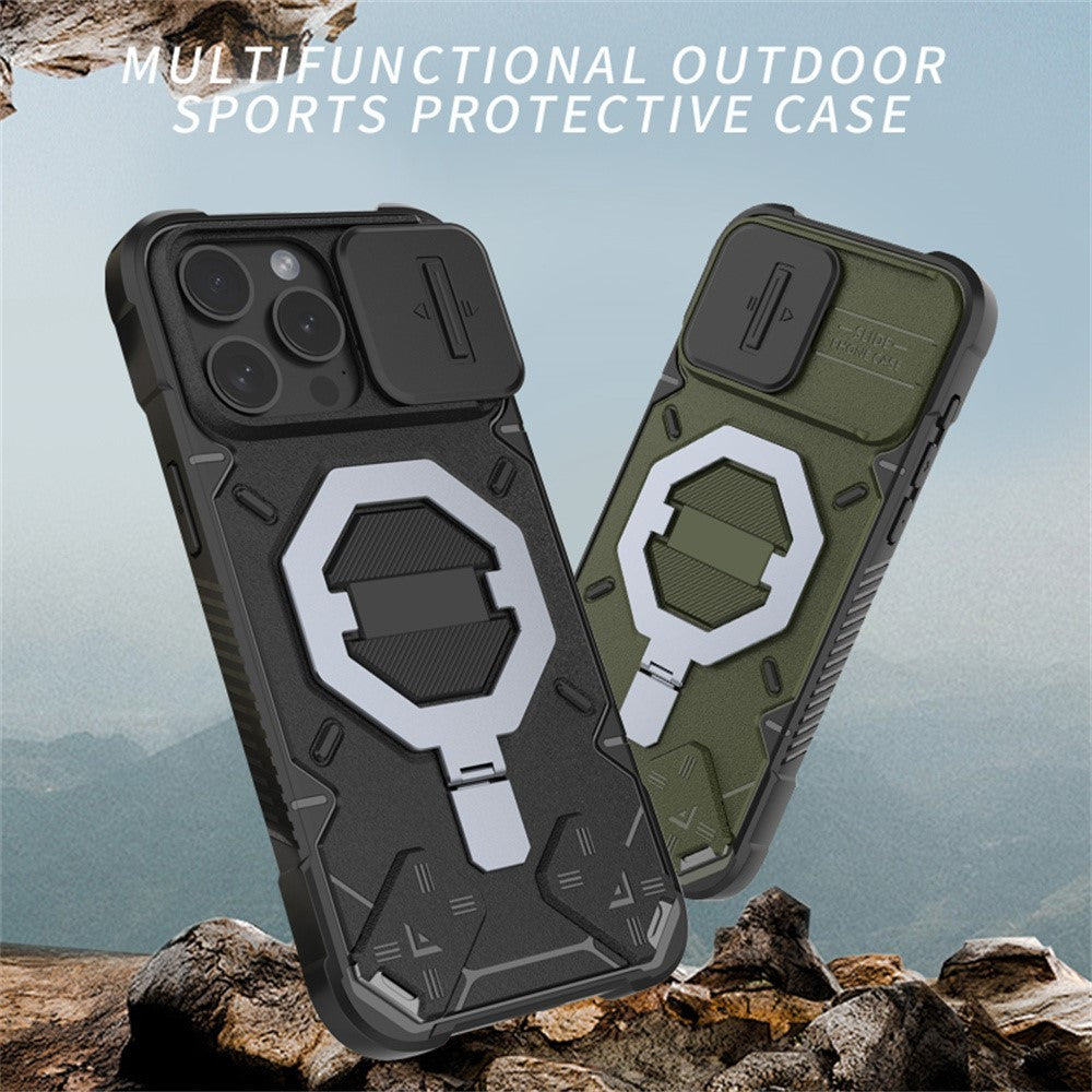 For iPhone 15 Pro Case Compatible with MagSafe Camera Lens Guard PC+TPU Kickstand Phone Cover with Lanyard