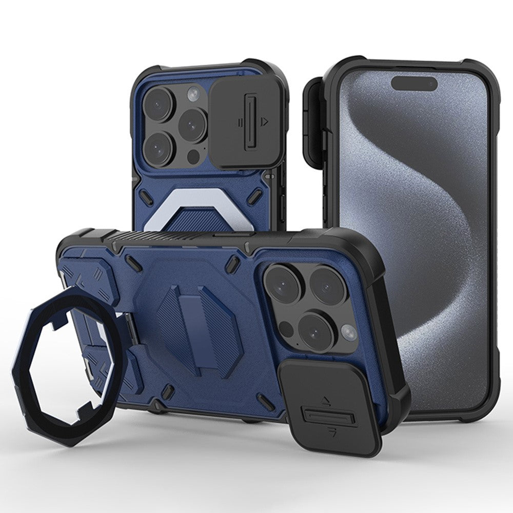 For iPhone 15 Pro Case Compatible with MagSafe Camera Lens Guard PC+TPU Kickstand Phone Cover with Lanyard