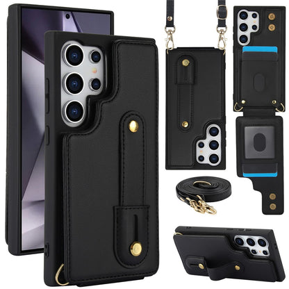 For Samsung Galaxy S25 Ultra Case Kickstand Card Slots Leather Coated TPU Cover with Shoulder Strap