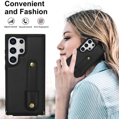 For Samsung Galaxy S25 Ultra Case Kickstand Card Slots Leather Coated TPU Cover with Shoulder Strap