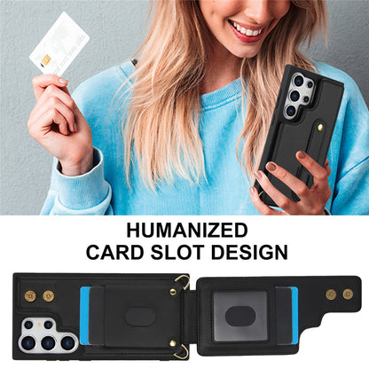 For Samsung Galaxy S25 Ultra Case Kickstand Card Slots Leather Coated TPU Cover with Shoulder Strap