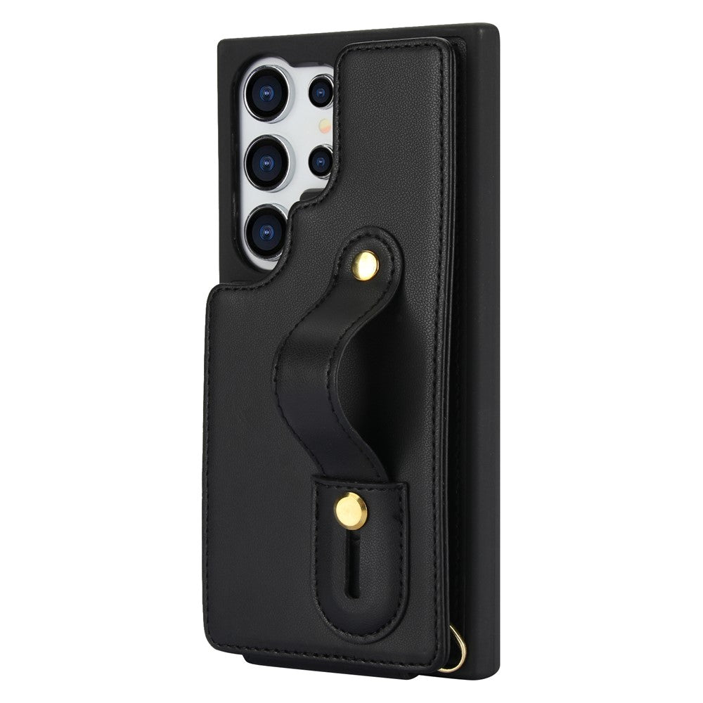 For Samsung Galaxy S25 Ultra Case Kickstand Card Slots Leather Coated TPU Cover with Shoulder Strap