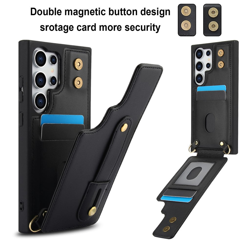 For Samsung Galaxy S25 Ultra Case Kickstand Card Slots Leather Coated TPU Cover with Shoulder Strap