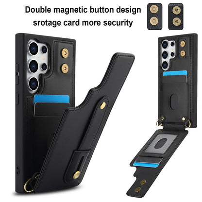 For Samsung Galaxy S25 Ultra Case Kickstand Card Slots Leather Coated TPU Cover with Shoulder Strap