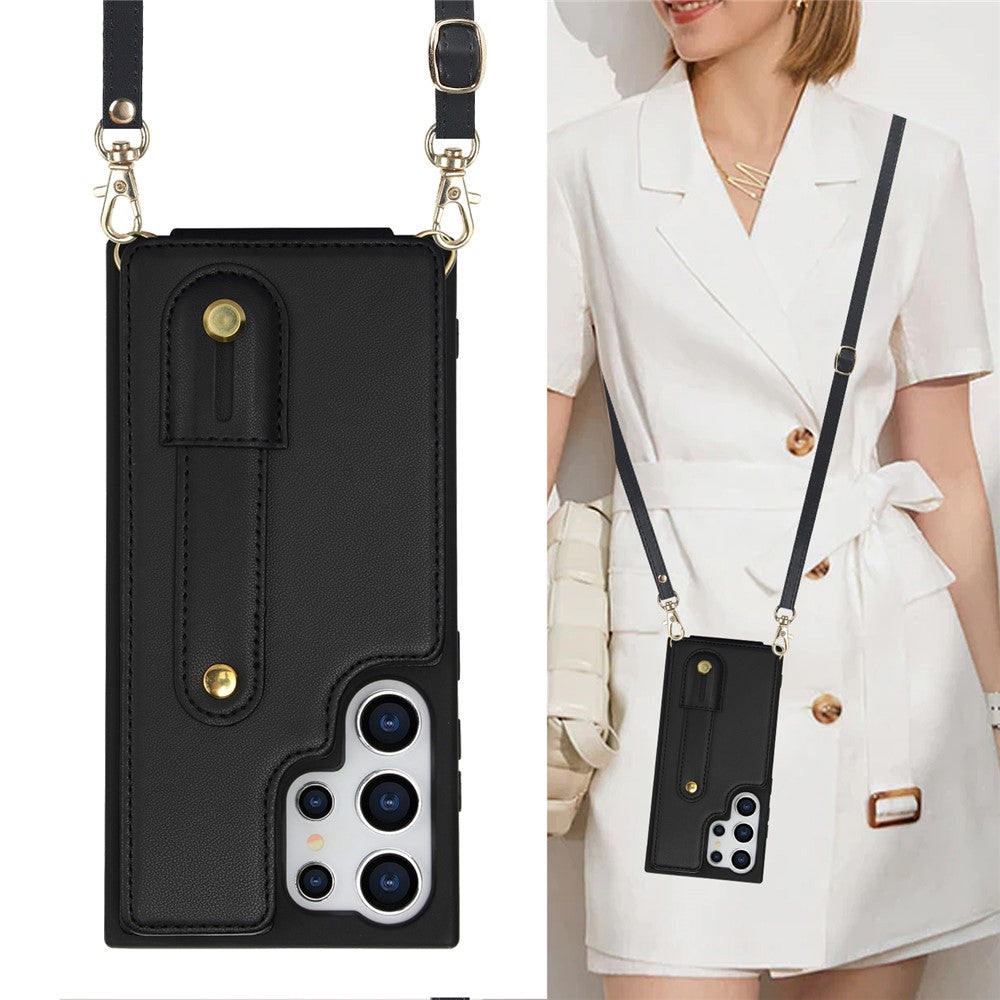 For Samsung Galaxy S25 Ultra Case Kickstand Card Slots Leather Coated TPU Cover with Shoulder Strap