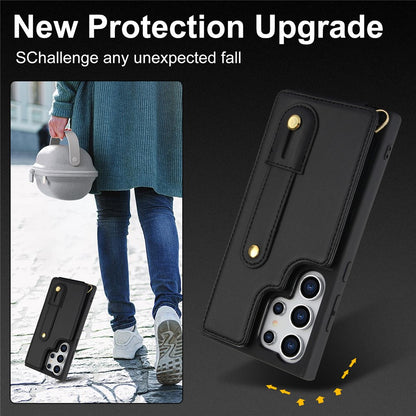 For Samsung Galaxy S25 Ultra Case Kickstand Card Slots Leather Coated TPU Cover with Shoulder Strap