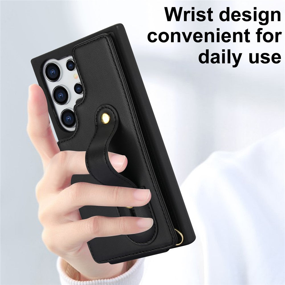For Samsung Galaxy S25 Ultra Case Kickstand Card Slots Leather Coated TPU Cover with Shoulder Strap