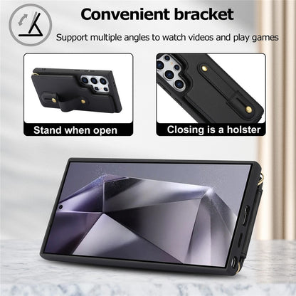 For Samsung Galaxy S25 Ultra Case Kickstand Card Slots Leather Coated TPU Cover with Shoulder Strap