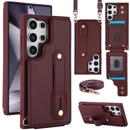 For Samsung Galaxy S25 Ultra Case Kickstand Card Slots Leather Coated TPU Cover with Shoulder Strap