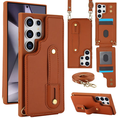 For Samsung Galaxy S25 Ultra Case Kickstand Card Slots Leather Coated TPU Cover with Shoulder Strap