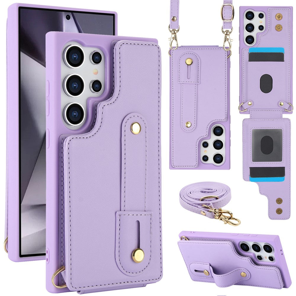 For Samsung Galaxy S25 Ultra Case Kickstand Card Slots Leather Coated TPU Cover with Shoulder Strap