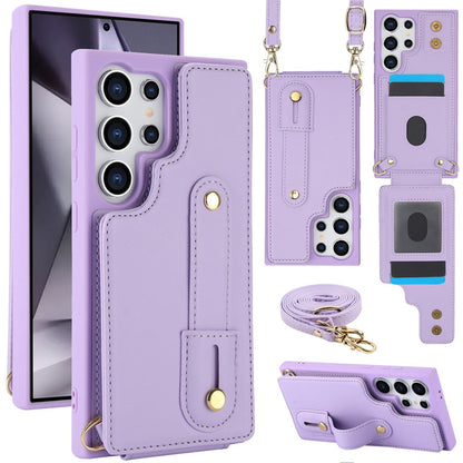 For Samsung Galaxy S25 Ultra Case Kickstand Card Slots Leather Coated TPU Cover with Shoulder Strap