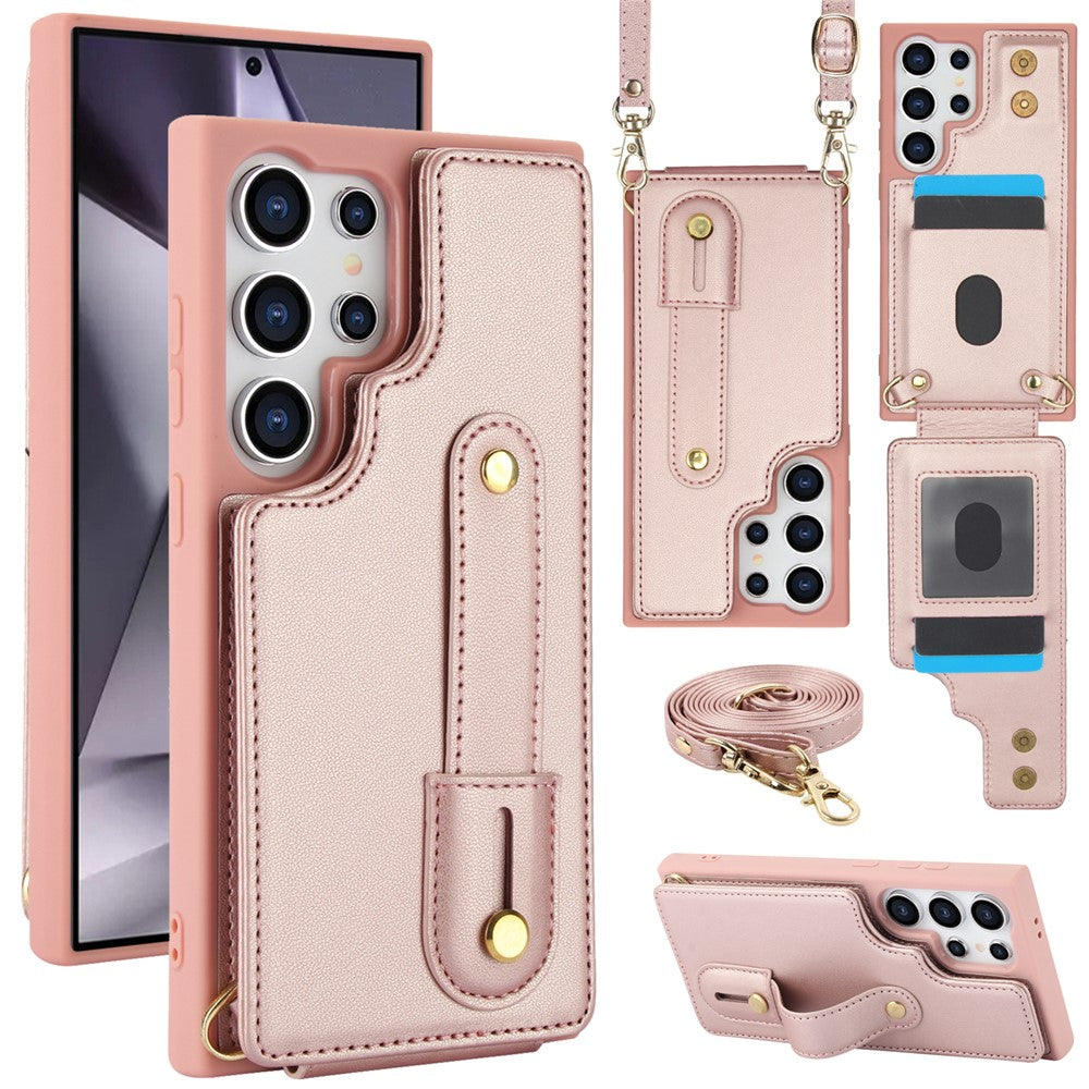 For Samsung Galaxy S25 Ultra Case Kickstand Card Slots Leather Coated TPU Cover with Shoulder Strap