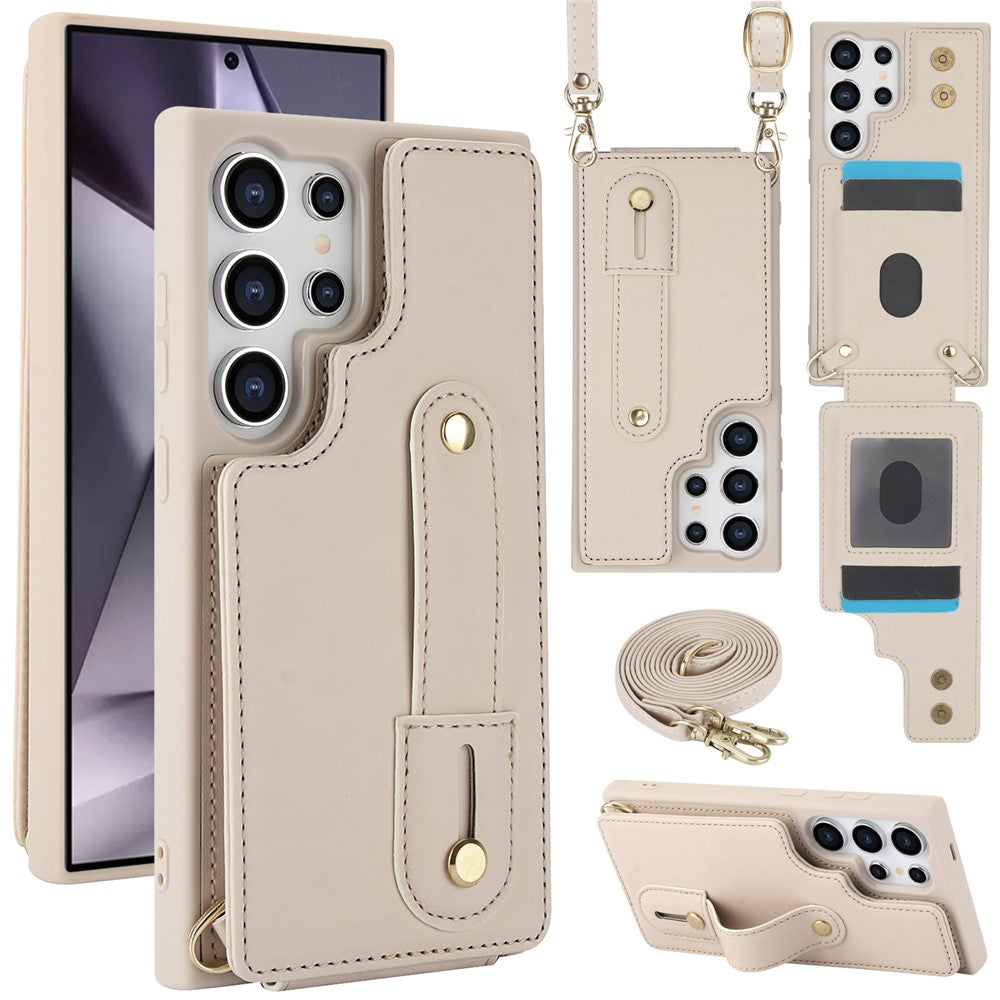 For Samsung Galaxy S25 Ultra Case Kickstand Card Slots Leather Coated TPU Cover with Shoulder Strap