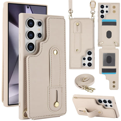 For Samsung Galaxy S25 Ultra Case Kickstand Card Slots Leather Coated TPU Cover with Shoulder Strap