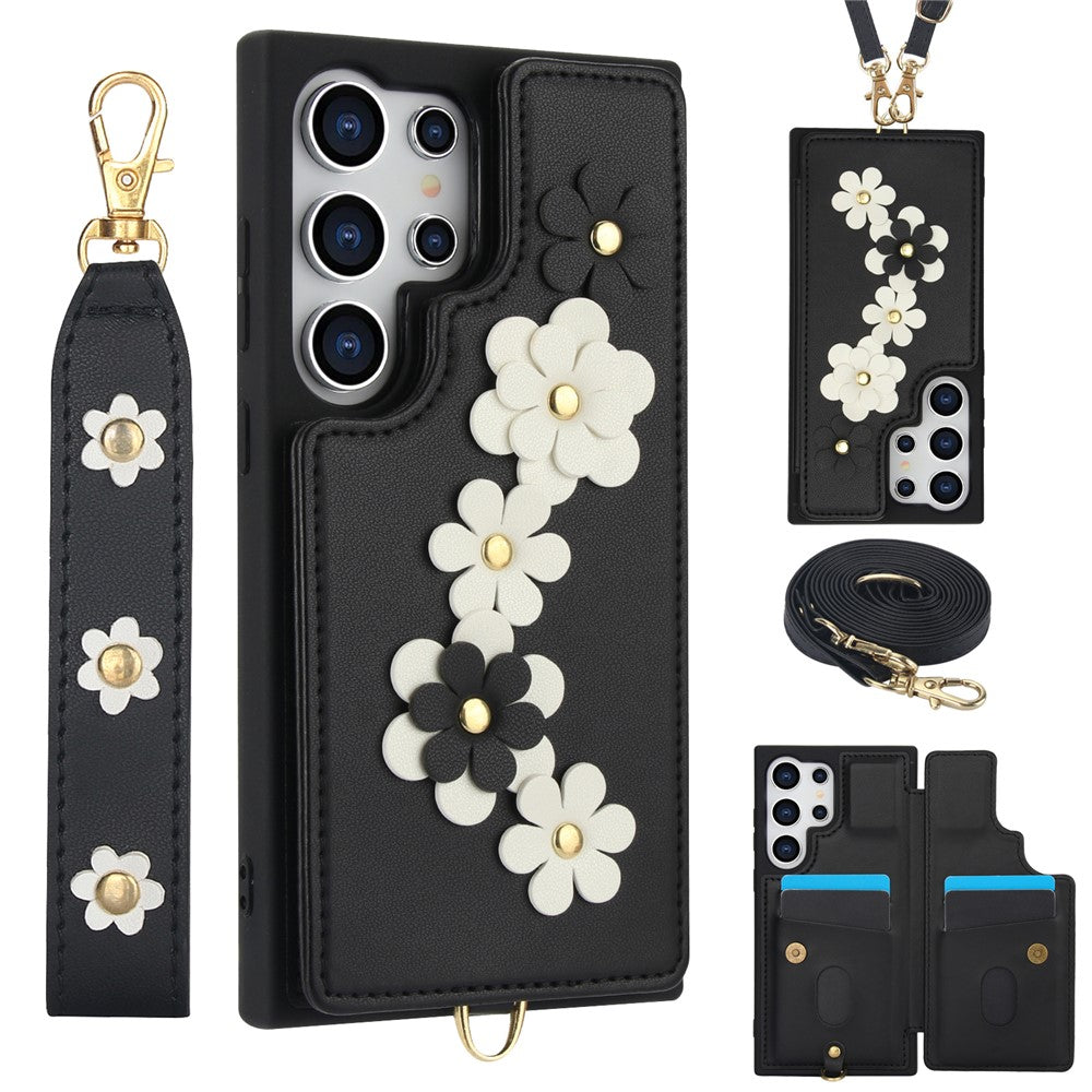 SY-001 For Samsung Galaxy S25 Ultra Case Card Slots Leather Coated TPU Flower Phone Cover