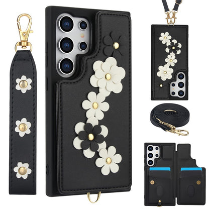 SY-001 For Samsung Galaxy S25 Ultra Case Card Slots Leather Coated TPU Flower Phone Cover