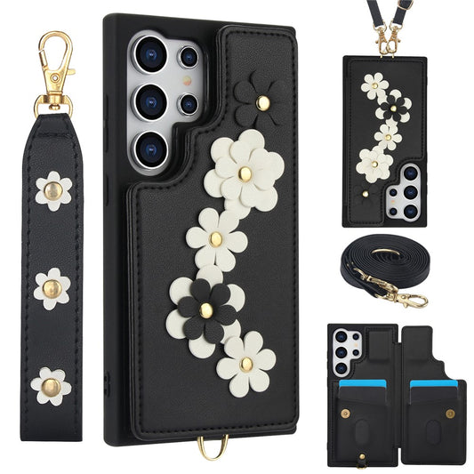 SY-001 For Samsung Galaxy S25 Ultra Case Card Slots Leather Coated TPU Flower Phone Cover