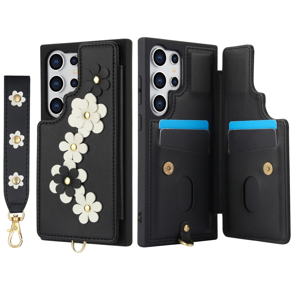 SY-001 For Samsung Galaxy S25 Ultra Case Card Slots Leather Coated TPU Flower Phone Cover