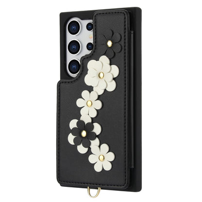 SY-001 For Samsung Galaxy S25 Ultra Case Card Slots Leather Coated TPU Flower Phone Cover