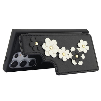 SY-001 For Samsung Galaxy S25 Ultra Case Card Slots Leather Coated TPU Flower Phone Cover