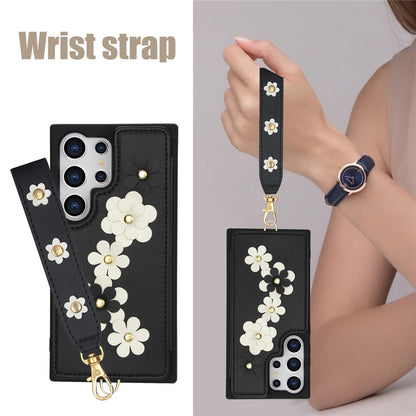 SY-001 For Samsung Galaxy S25 Ultra Case Card Slots Leather Coated TPU Flower Phone Cover