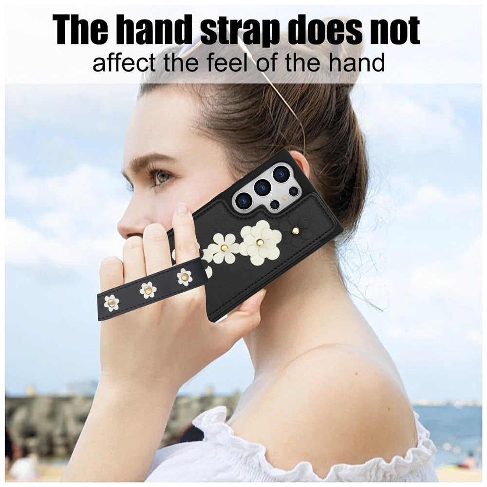 SY-001 For Samsung Galaxy S25 Ultra Case Card Slots Leather Coated TPU Flower Phone Cover