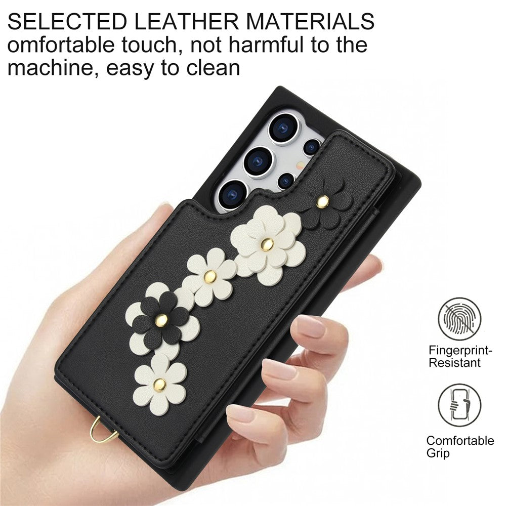 SY-001 For Samsung Galaxy S25 Ultra Case Card Slots Leather Coated TPU Flower Phone Cover