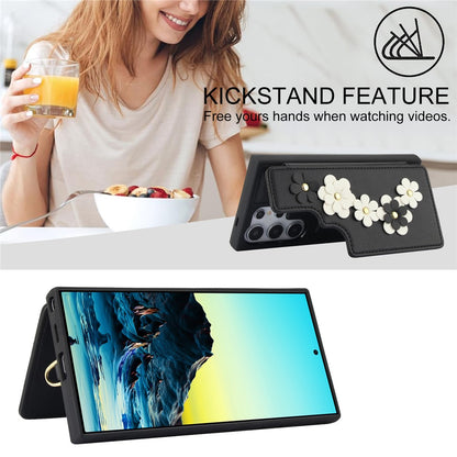 SY-001 For Samsung Galaxy S25 Ultra Case Card Slots Leather Coated TPU Flower Phone Cover