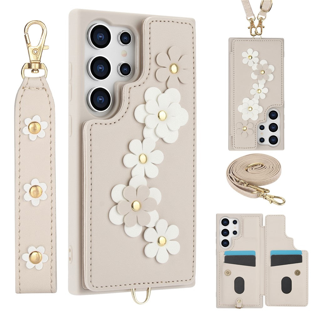 SY-001 For Samsung Galaxy S25 Ultra Case Card Slots Leather Coated TPU Flower Phone Cover