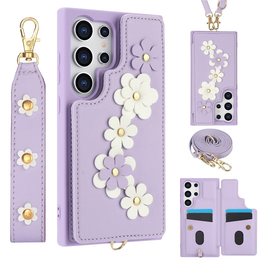 SY-001 For Samsung Galaxy S25 Ultra Case Card Slots Leather Coated TPU Flower Phone Cover