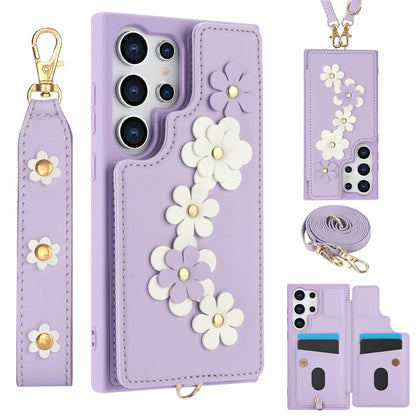 SY-001 For Samsung Galaxy S25 Ultra Case Card Slots Leather Coated TPU Flower Phone Cover