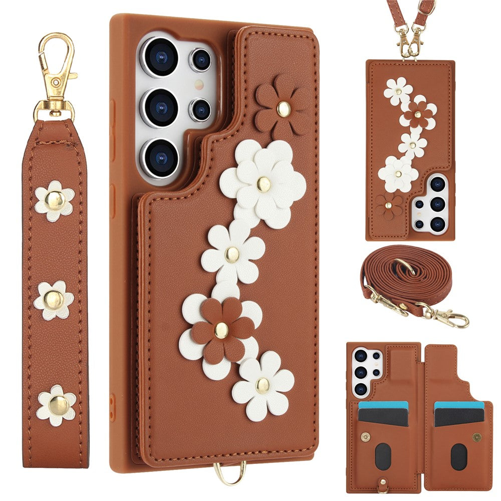 SY-001 For Samsung Galaxy S25 Ultra Case Card Slots Leather Coated TPU Flower Phone Cover