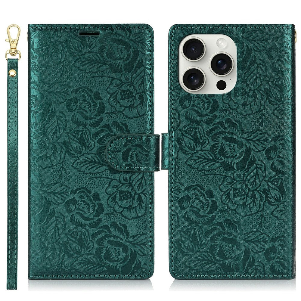 For iPhone 14 Pro Case with Hand Strap Flower Imprint Leather Wallet Phone Cover