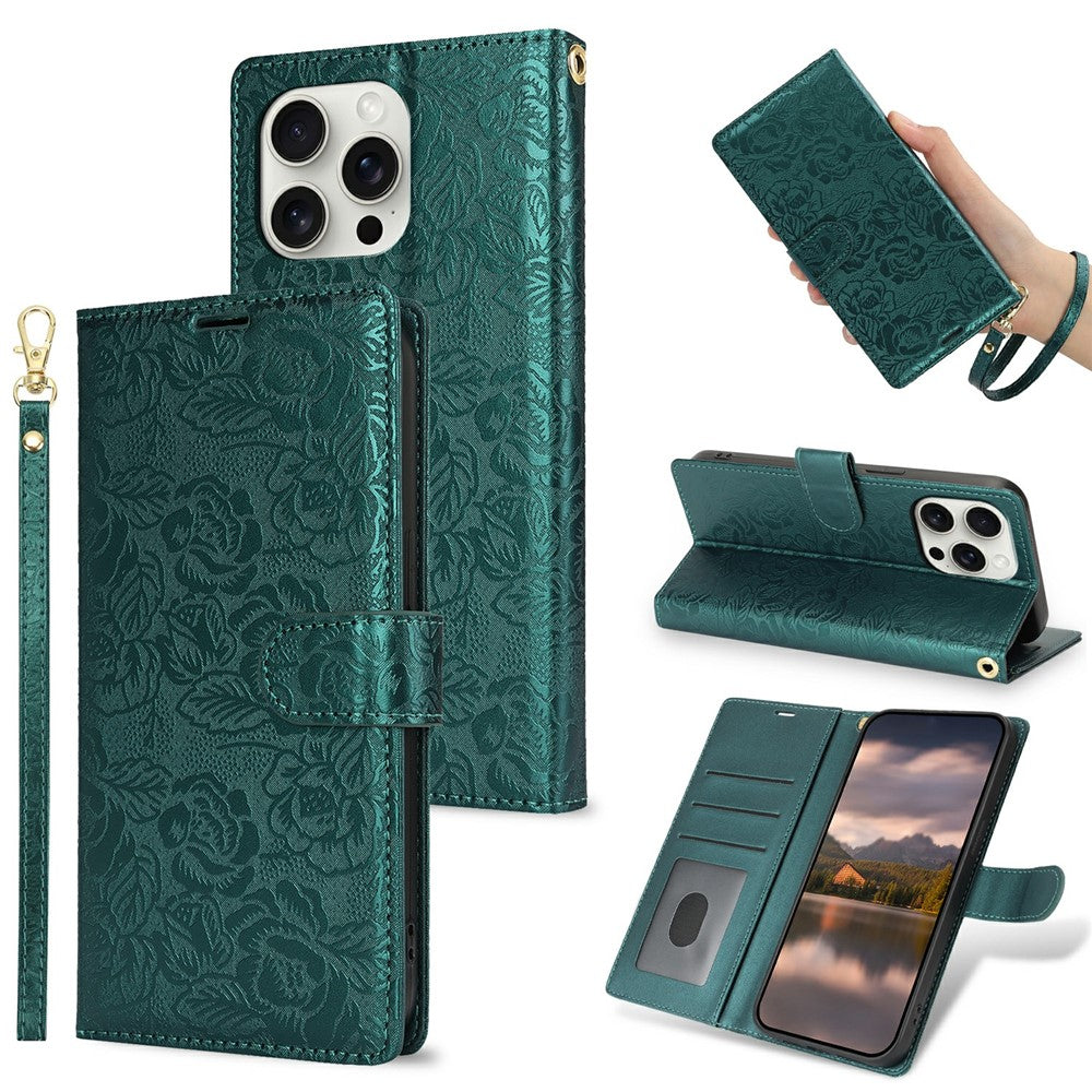 For iPhone 14 Pro Case with Hand Strap Flower Imprint Leather Wallet Phone Cover