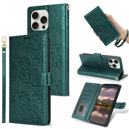 For iPhone 14 Pro Case with Hand Strap Flower Imprint Leather Wallet Phone Cover