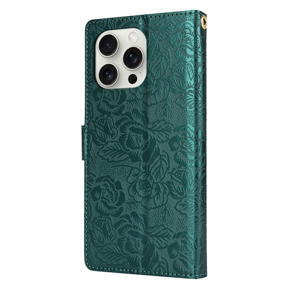 For iPhone 14 Pro Case with Hand Strap Flower Imprint Leather Wallet Phone Cover