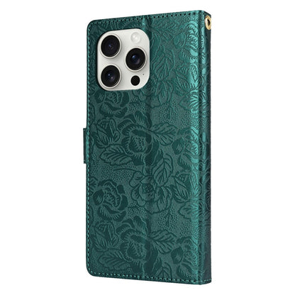 For iPhone 14 Pro Case with Hand Strap Flower Imprint Leather Wallet Phone Cover