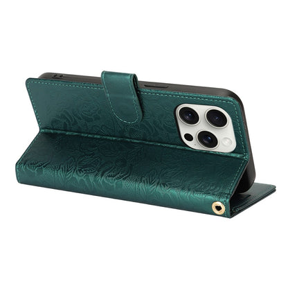 For iPhone 14 Pro Case with Hand Strap Flower Imprint Leather Wallet Phone Cover