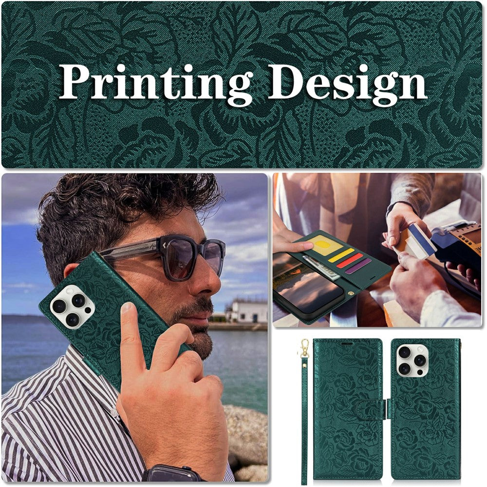 For iPhone 14 Pro Case with Hand Strap Flower Imprint Leather Wallet Phone Cover