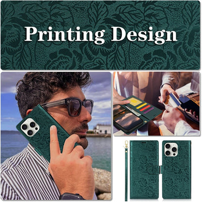 For iPhone 14 Pro Case with Hand Strap Flower Imprint Leather Wallet Phone Cover