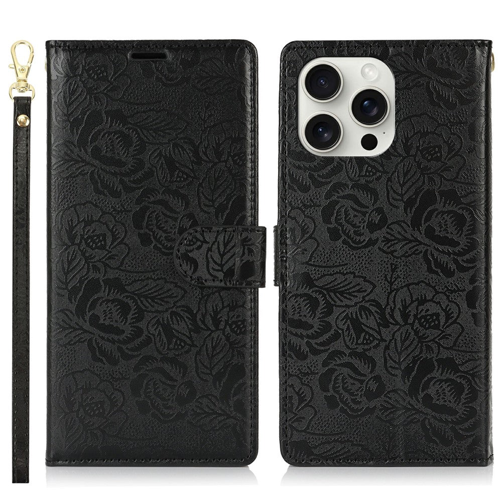 For iPhone 14 Pro Case with Hand Strap Flower Imprint Leather Wallet Phone Cover