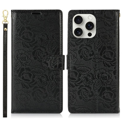 For iPhone 14 Pro Case with Hand Strap Flower Imprint Leather Wallet Phone Cover