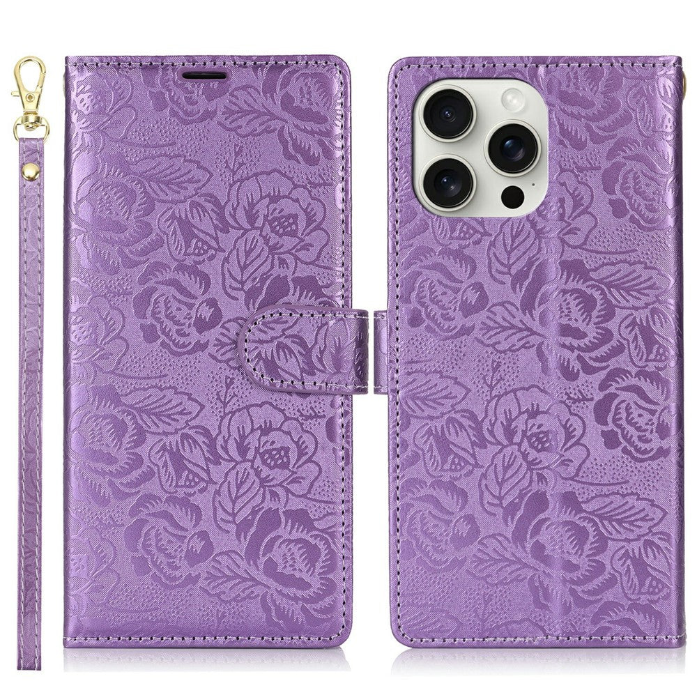 For iPhone 14 Pro Case with Hand Strap Flower Imprint Leather Wallet Phone Cover