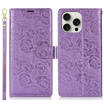 For iPhone 14 Pro Case with Hand Strap Flower Imprint Leather Wallet Phone Cover