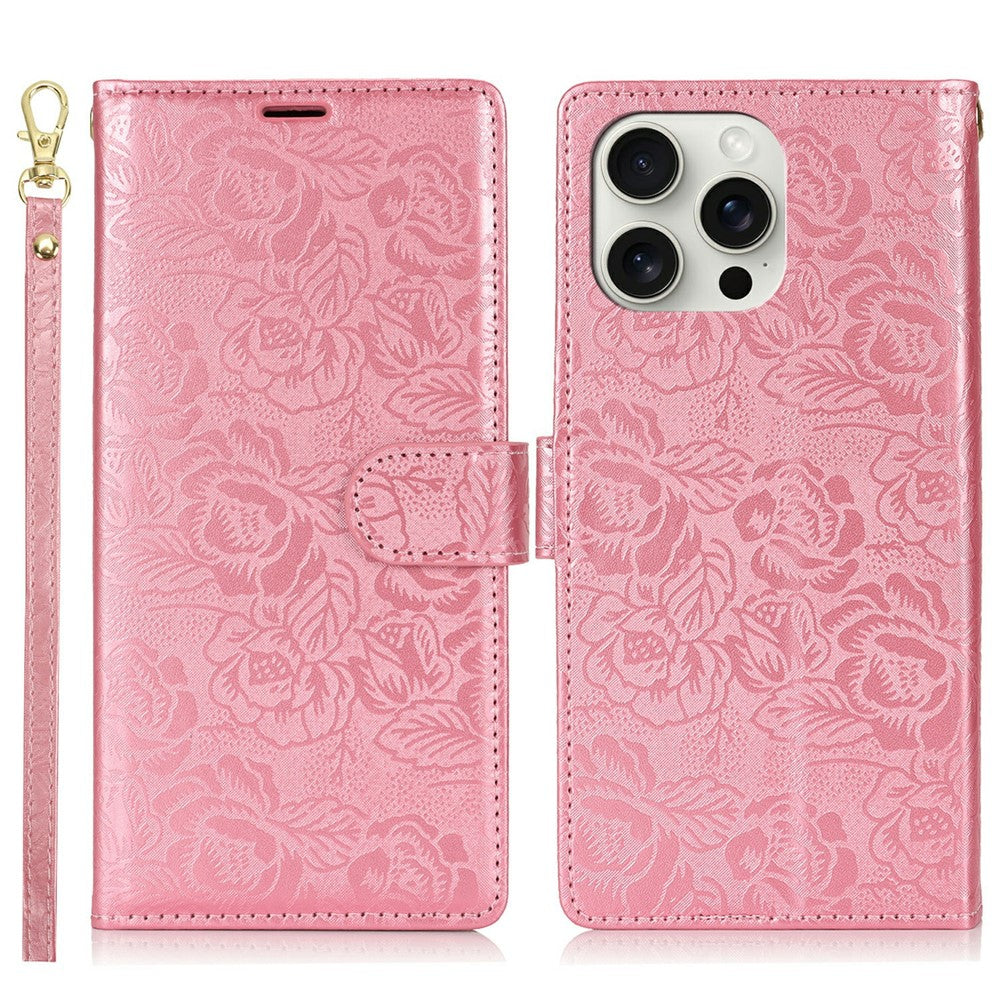 For iPhone 14 Pro Case with Hand Strap Flower Imprint Leather Wallet Phone Cover