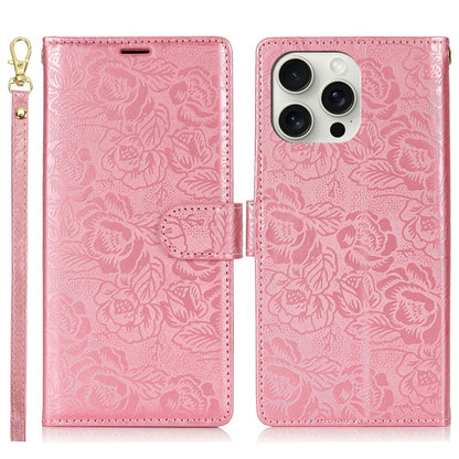 For iPhone 14 Pro Case with Hand Strap Flower Imprint Leather Wallet Phone Cover